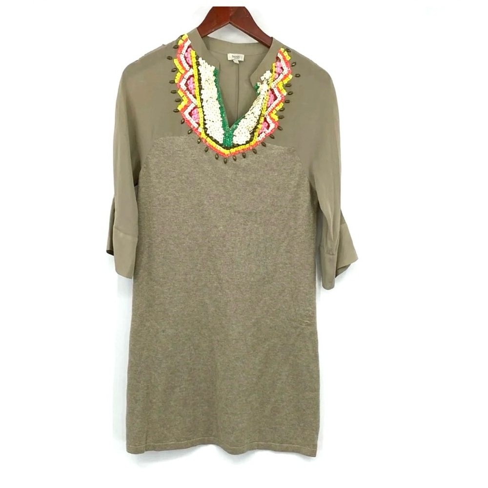 Hoss Intropia T-Shirt Dress Womens Sz XS Tan Blue Beaded Embellished V-Neck Mini